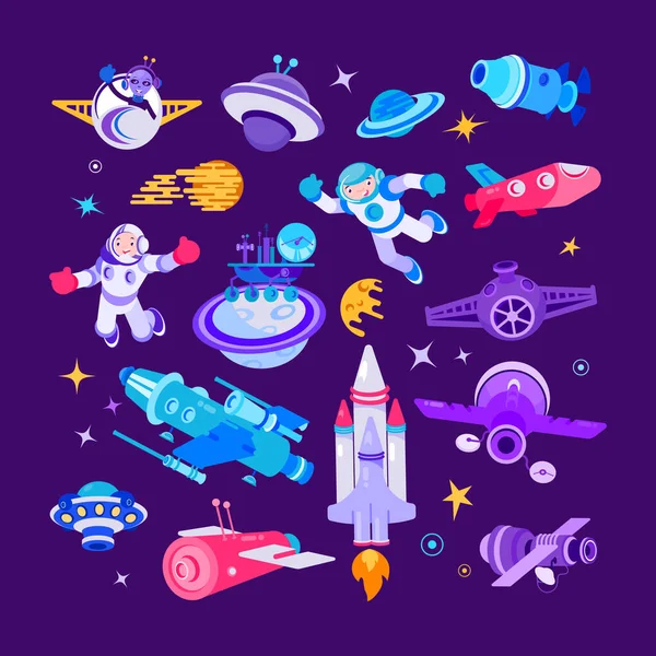 Dibujos animados espacio y naves espaciales vector ilustraciones, astronauta con lanzadera, cohete conjunto — Vector de stock