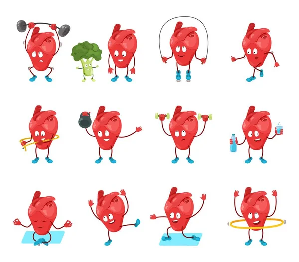 Nette Cartoon-Herz-Organ-Vektor-Illustration, Happy herzhaften Charakter in gesunder sportlicher Aktivität, Yoga-Übung Symbole isoliert auf weiß — Stockvektor