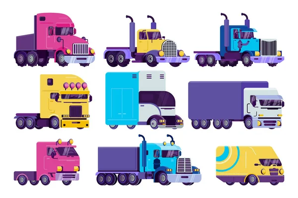 Cartoon truck vektorové ilustrační set, ploché semi autotruck, van, nákladní automobil a těžké vozidlo pro dodávky ikony izolované na bílém — Stockový vektor