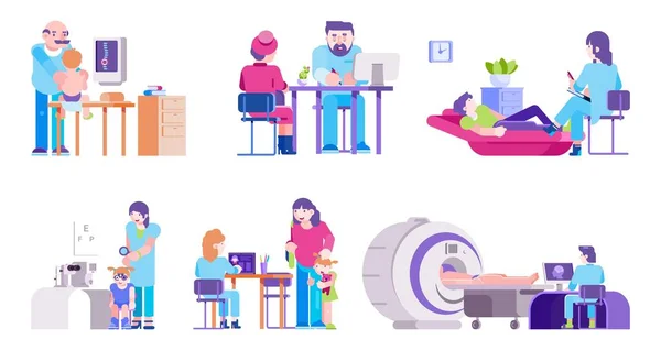 Patienter besöker läkare vektor illustration, tecknad mor med barn, glad karaktär besöker läkare på sjukhus för konsultation set — Stock vektor