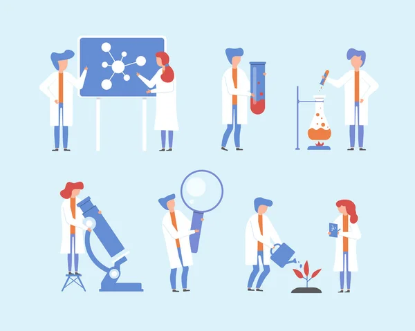 Wissenschaftler arbeiten, Science Research Vektor Illustration Set, Cartoon flache Menschen, winzige Figur mit Labormikroskop, Vergrößerungsglas wissenschaftliche Ausrüstung — Stockvektor
