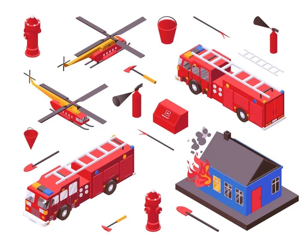 Ізометрична пожежна безпека, пожежне обладнання Векторні ілюстрації, обладнання відділу пожежної станції встановлено ізольовано на білому — стоковий вектор
