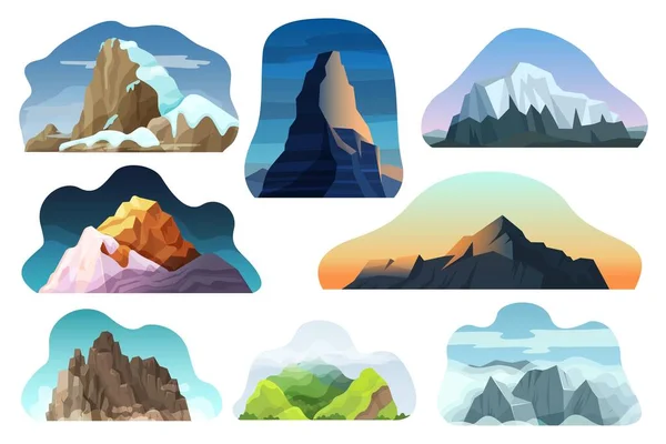 Montagna collina paesaggio vettore illustrazione set, cartone animato diversa natura alta roccia, picco con le nuvole icone isolate su bianco — Vettoriale Stock