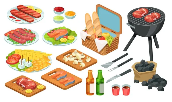 Isometric grill żywności, grill grill mięso, wektor Ilustracja zestaw, grillowana wołowina, stek rybny na piknik party, ikony 3D izolowane na białym — Wektor stockowy