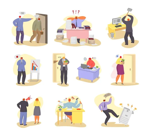 Problems at work vector illustration, working people have office troubles hand drawn set. — Stock Vector