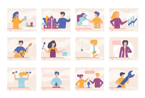 Tutoriels vidéo blogueur personnes formation en ligne vidéos vectoriel illustration ensemble. Hommes, femmes parlent de cuisine, voyage, beauté, donner des leçons de guitare, dessin, fitness. Flux en ligne — Image vectorielle