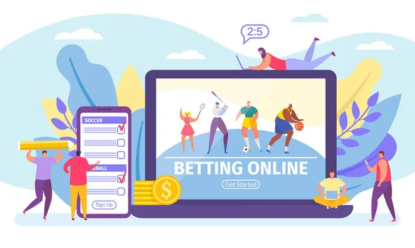 Spel online spel, satsningar på sport banner små människor tecknad vektor illustration. — Stock vektor