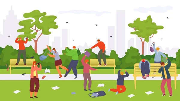 Teen bullismo vettoriale illustrazione, gruppo di persone attacco giovane ragazzo, ragazza nel parco della città . — Vettoriale Stock