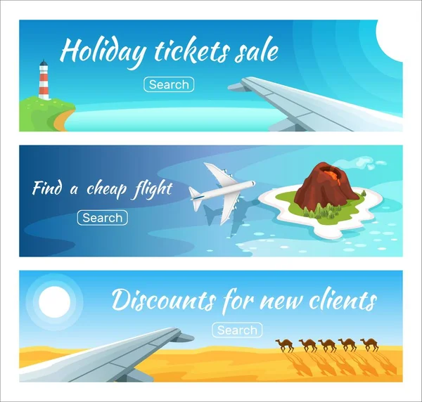 Anuncio de viaje venta de entradas vector ilustración conjunto. Banner de turismo de publicidad web horizontal que viaja alrededor del mundo, vacaciones de verano — Vector de stock