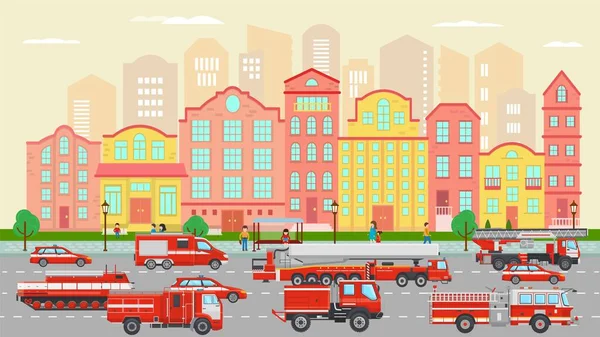 Caminhões de bombeiros, caravana de motores dirigindo ao longo da cidade rua ilustração vetor . —  Vetores de Stock