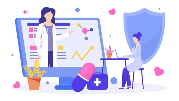 Çevrimiçi eğitimli doktor vektör illüstrasyonu, bilimsel tıp hocaları dersi.