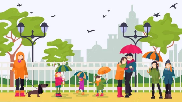 Şehir parkı illüstrasyon afişinde yağmur altındaki insanlar şemsiyelerin altında duruyor. — Stok Vektör