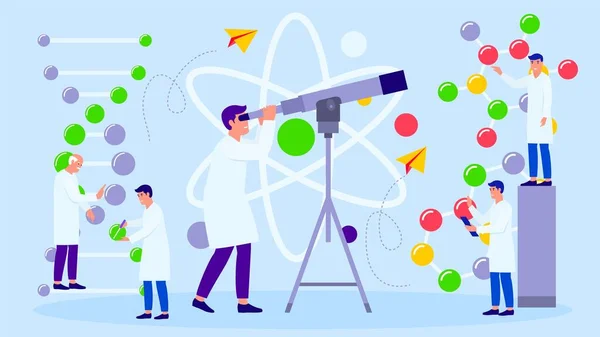 Vědci analyzují data v laboratorních vektorových ilustracích, dalekohledu a atomu, molekule, DNA. — Stockový vektor