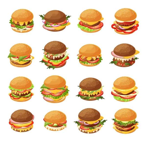 Isometric burger vektör illüstrasyon seti, fast food kafe menü ikonu için 3 boyutlu taze hamburgerler beyaz üzerine izole edilmiş. — Stok Vektör