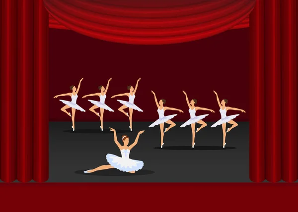 Ballet show dansen meisjes kunstenaars op rode gordijnen podium vector illustratie. — Stockvector