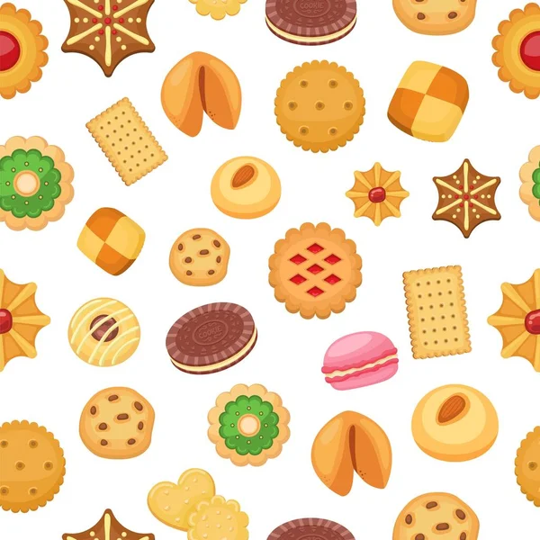 Cookies αδιάλειπτη μοτίβο των διαφόρων μπισκότων τσιπ σοκολάτας και μπισκότων, μελόψωμο και βάφλα, διανυσματική απεικόνιση. — Διανυσματικό Αρχείο