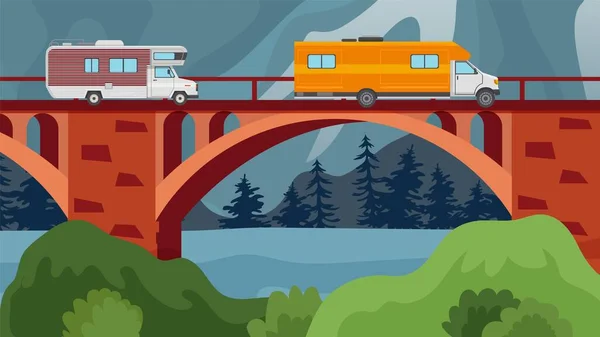 Brücke über Fluss oder See mit Autos von Reisenden Vektor-Illustration. — Stockvektor