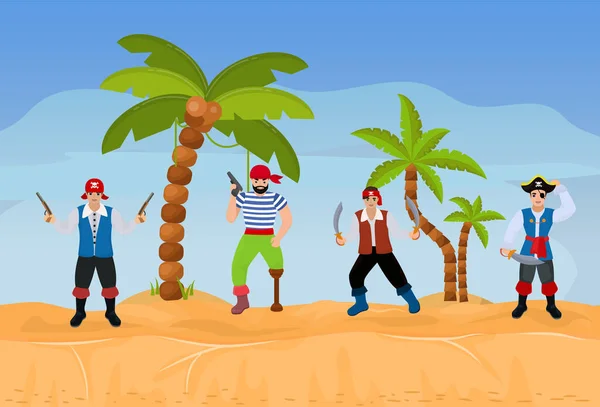 Grupo de piratas en la ilustración del vector del desierto. Equipo divertido gente feliz en trajes de piratas armados con cuchillos y pistolas . — Vector de stock