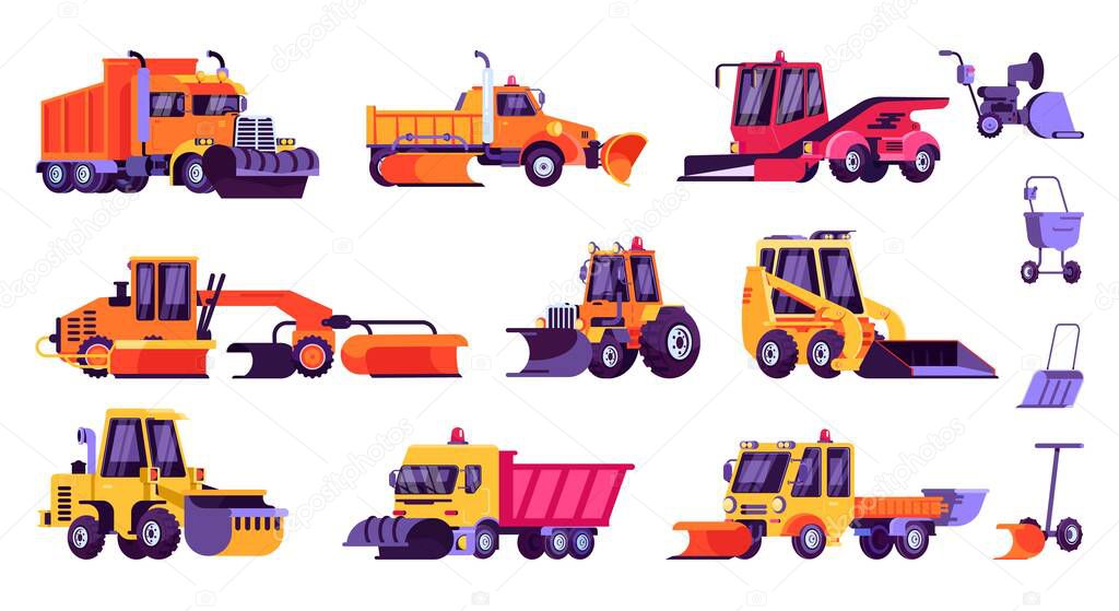 Snow plow truck vector illustration, cartoon snowplow truck cleaning road by snowfall, winter vehicle equipment isolated icon set