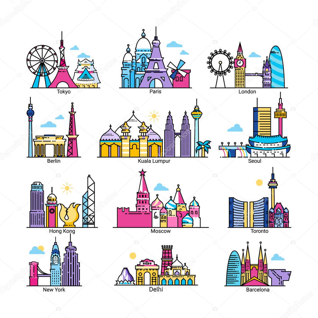 City skyline of world famous capital vector illustrations, cityscape of European, Asian, American country