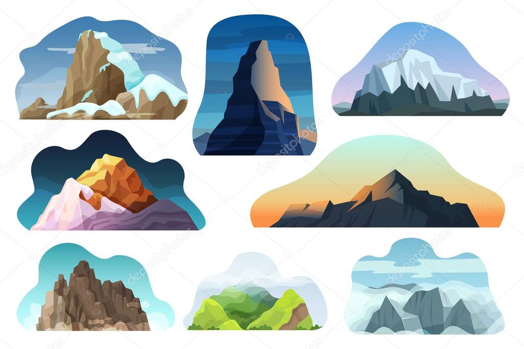 Mountain hill landscape vector illustration set, cartoon different nature high rock, peak with clouds icons isolated on white