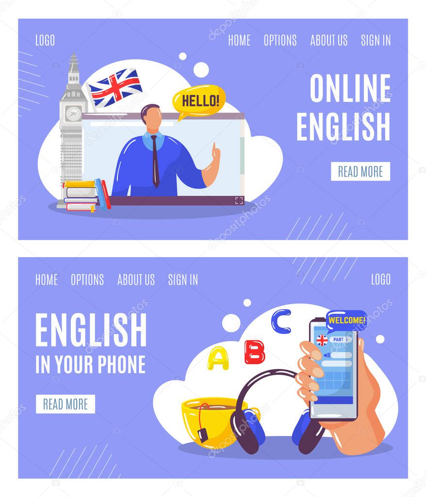 Learning english language online with teacher, education in your telephone web banners set vector illustration.