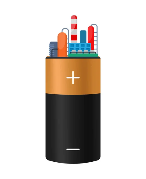 Energiebron en verbruik vector illustratie geïsoleerde platte stijl concept. Alkaline batterij opwekking levert energie voor de macht van industriële fabriek. — Stockvector