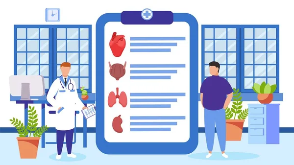 Médico e paciente em exame de saúde ilustração vetorial. Área de transferência com lista de órgãos internos para diagnóstico . —  Vetores de Stock