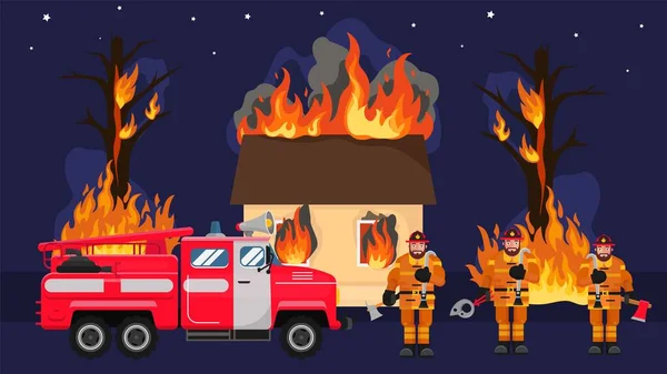Bombeiros na frente queimando casa em chamas ao lado de caminhão de fogo ilustração vetorial. Resgate homem, equipamento de emergência . — Vetor de Stock