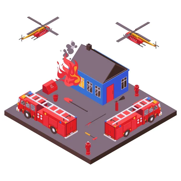 Api melawan peralatan penyelamatan darurat padam Vektor rumah terbakar ilustrasi. Mesin pemadam kebakaran, helikopter . - Stok Vektor