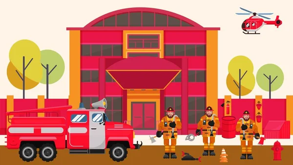 Vektorová ilustrace požární stanice. Hasiči, hasičský vůz před budovou záchranné služby, vrtulník. — Stockový vektor