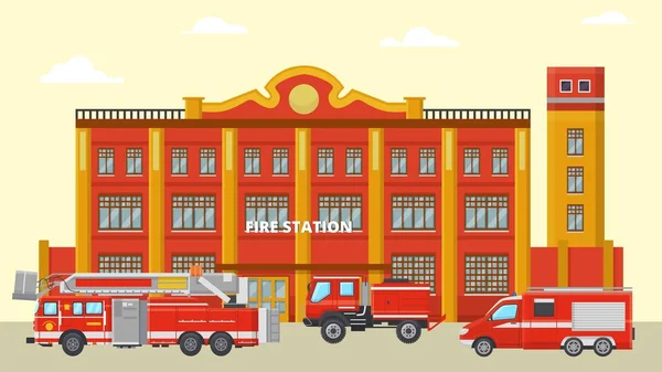 Brandweerkazerne bouw en brandweerwagens vector illustratie. Diverse rode brandweerauto 's bij noodhulpdiensten. — Stockvector