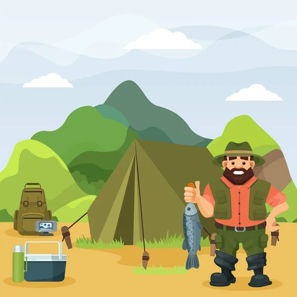Pescador sostiene pescado capturado en la ilustración vector de la naturaleza. Personaje de dibujos animados en la actividad de pesca al aire libre cerca de la tienda . — Vector de stock