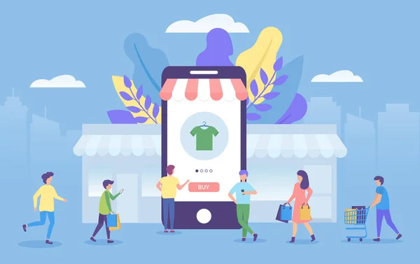 마케팅을 위한 모바일 애플리케이션 벡터 삽화의 쇼핑 온라인 개념. — 스톡 벡터