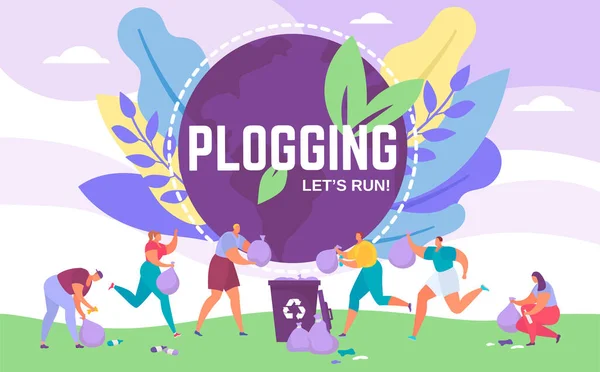 Plogging-Banner lässt laufen, um die Welt zu reinigen, Vektorillustration von Menschen, die beim Plogging-Öko-Marathon Müll sammeln. — Stockvektor