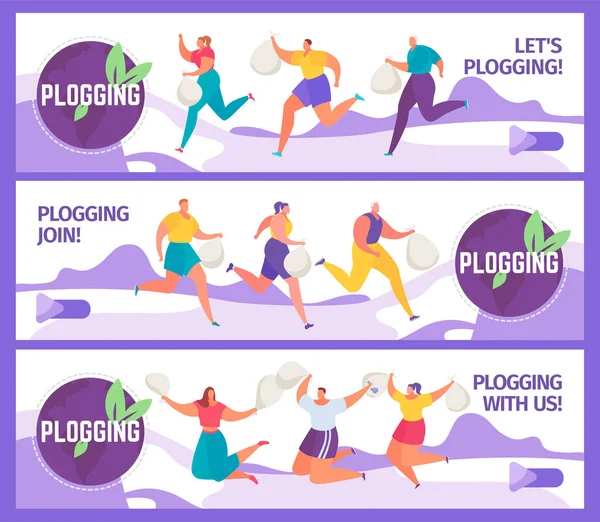 Plogging banners set vector illustratie van mensen ploggers oprapen van afval tijdens het lopen van eco marathon. — Stockvector