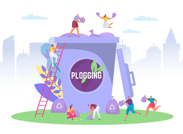 Plogging conceito ecológico executado para limpar o mundo, ilustração vetorial de pessoas minúsculas pegando lixo em enorme recipiente de lixo, plogging maratona ecológica . — Vetor de Stock