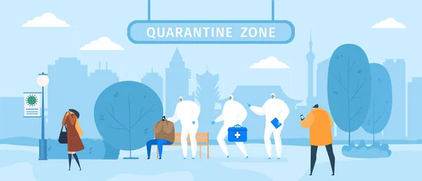 Quarantaine zone met medici in beschermende doeken en maskers helpen mensen met epidemische desease coronavirus vector illustratie. — Stockvector