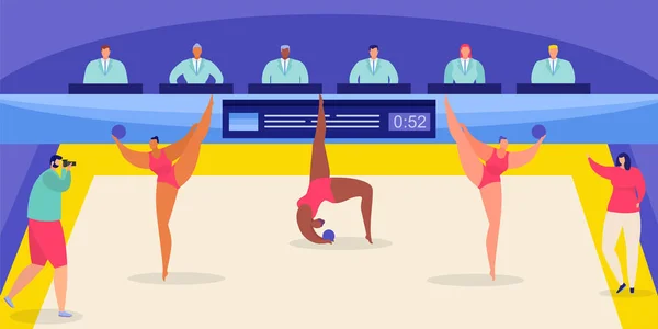 Ritmische gymnastiek met wereldkampioenschap en turners prestaties platte vector illustratie. — Stockvector