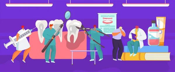 Extracción dental prosedure médico dental por cirujano dentista, anatomía de la boca ilustración vector de dibujos animados . — Archivo Imágenes Vectoriales
