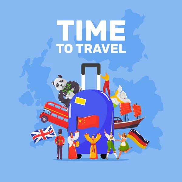 Bolsa de viaje con el conjunto de turismo, viaje, viaje, viaje o vacaciones de verano iconos vector ilustración . — Vector de stock