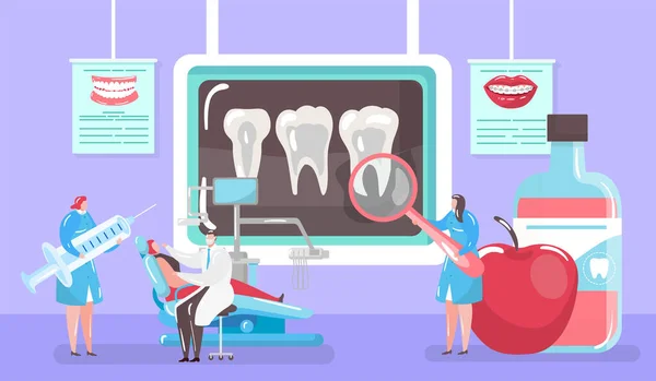 Tratamiento del concepto de caries, diente de rayos X y cura médica por dentista y patinet en silla dental mini personas ilustración vector de dibujos animados . — Archivo Imágenes Vectoriales