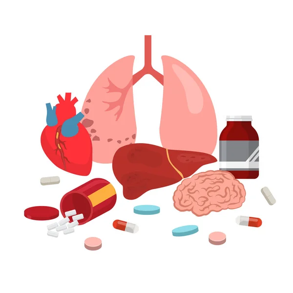 Gyógyszerészeti gyógyszerek különböző szervek az emberi test kezelés illusztráció. Szív, tüdő, máj, agy. Tabletták, tabletták, gyógyszerek, gyógyszerek. — Stock Fotó
