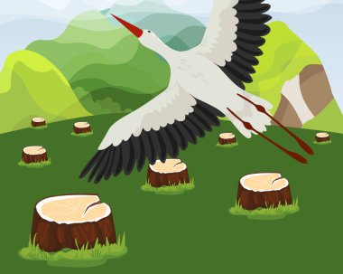 Logging forest with felled trees vector illustration hand drawn. Stumps remaining after cutting. Flying stork close up. clipart