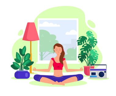 Yoga ve meditasyon yapan aktif bir kız. Düz vektör illüstrasyonlu. İç mekanda lotus pozisyonunda meditasyon yapan bir kadın..