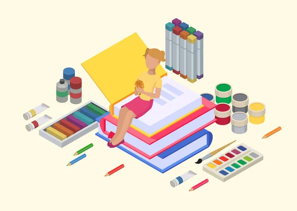 Flickstudier, utbildning, lärande vektor illustration. Ung med böcker, färger, pennor för lektioner, barnkreativitet. — Stock vektor