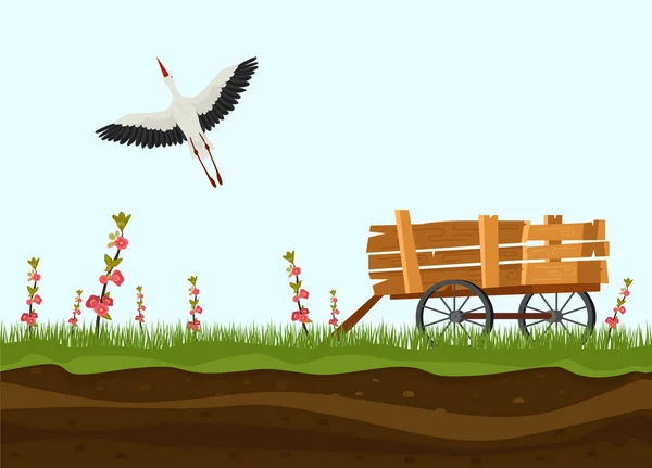 Storch Wildvogel in der Natur steigt in klaren Himmel Vektor Illustration Tapete. Holzkarren stehen auf dem Boden. Ländliche Landschaft, Grün, blühende Pflanzen. — Stockvektor