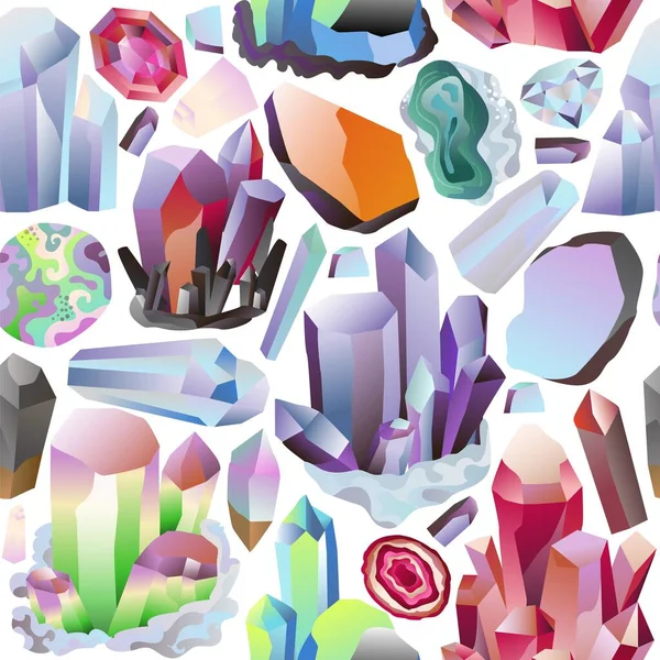 Cristales minerales y gemas diamantes vector ilustración conjunto. Fondo fondo patrón de gradiente de diseño sin costuras . — Vector de stock