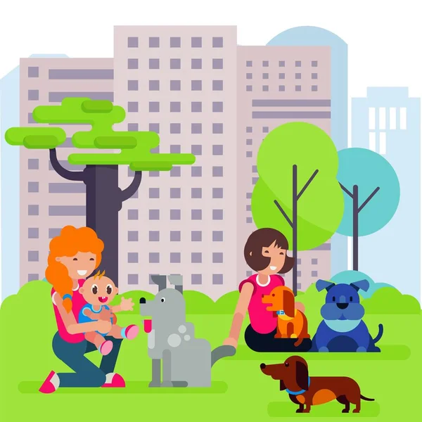 Emberek boldog fiatal nők bébiszitterkedő együtt park fű kutyákkal háziállat vektor illusztráció. — Stock Vector