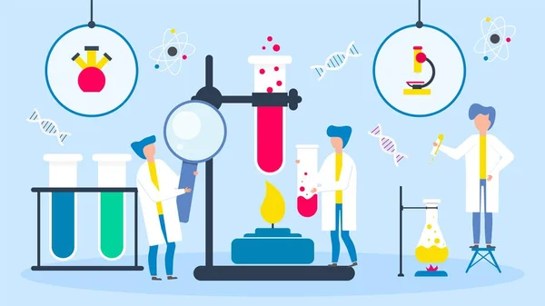 Ilustración vectorial de laboratorio científico. Personas en investigación química para medicamentos industria farmacológica . — Archivo Imágenes Vectoriales